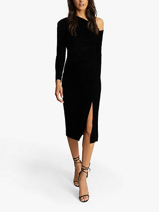 Reiss Bella Velvet Asymmetric Neck Dress, Black