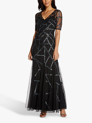 Adrianna Papell Beaded Covered Abstract Maxi Gown, Black/Mercury