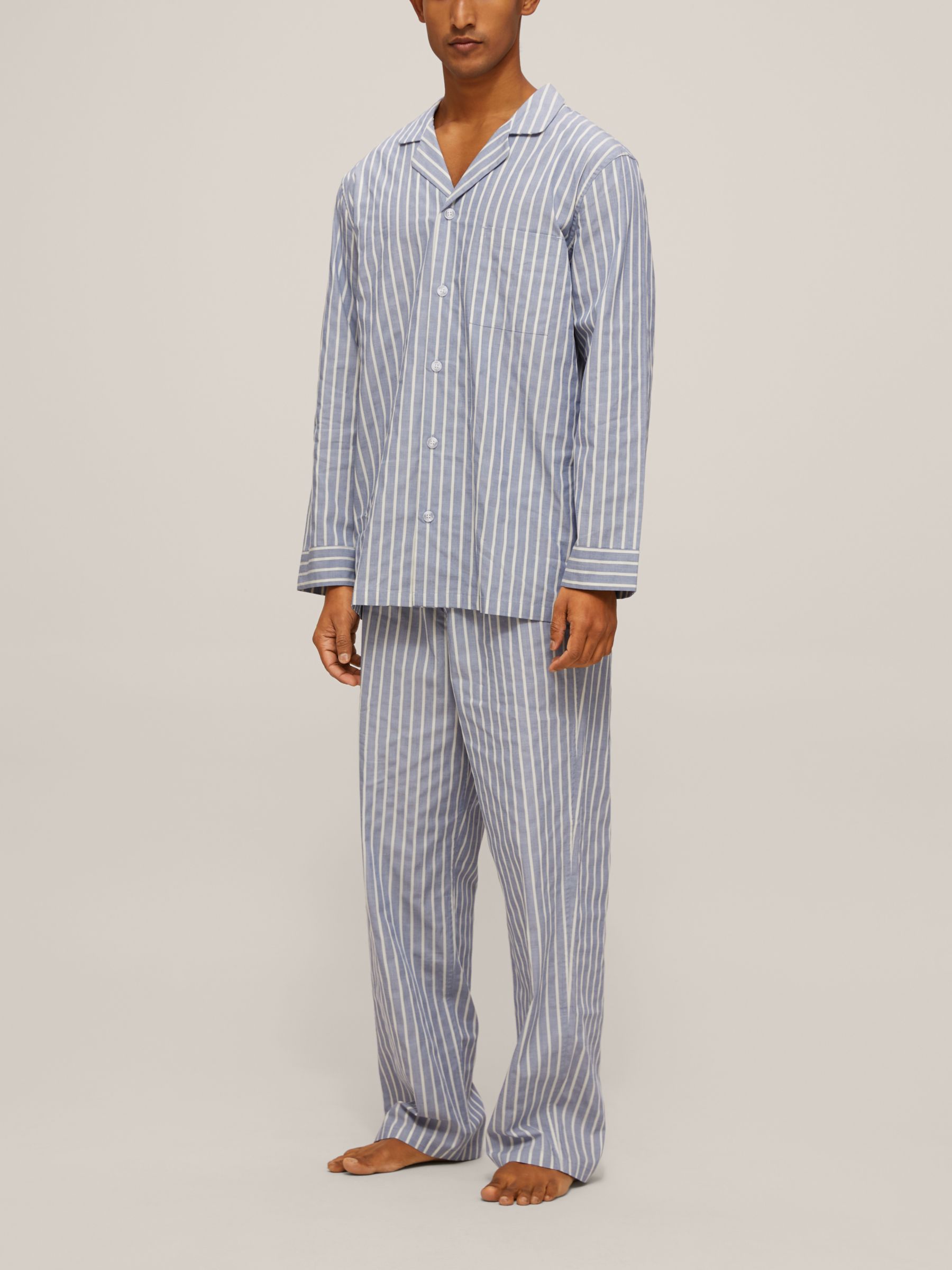 John Lewis & Partners Organic Cotton Wide Stripe Pyjama Set, Blue