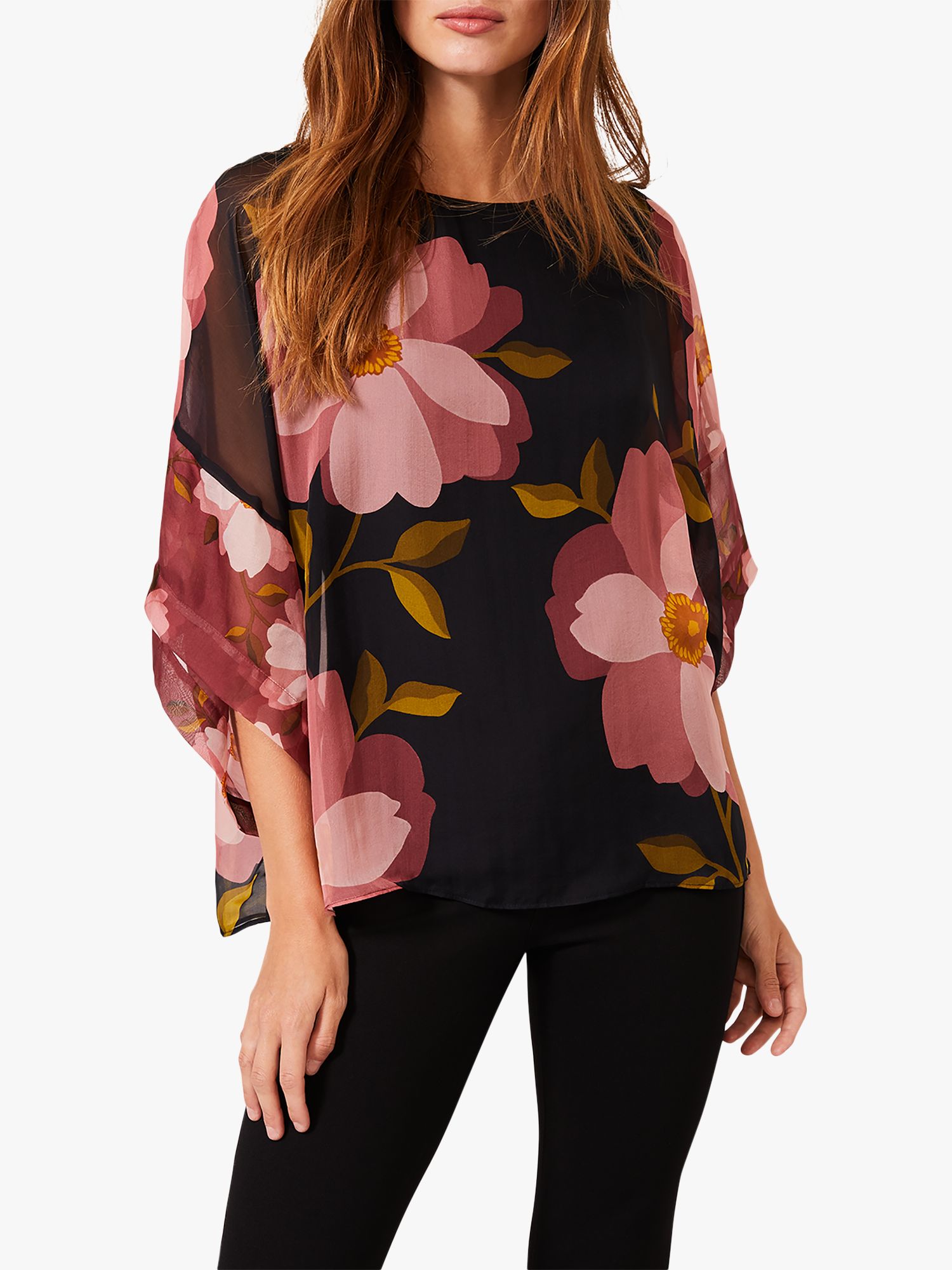 Phase Eight Anemone Floral Print Silk Blouse, Navy/Pink