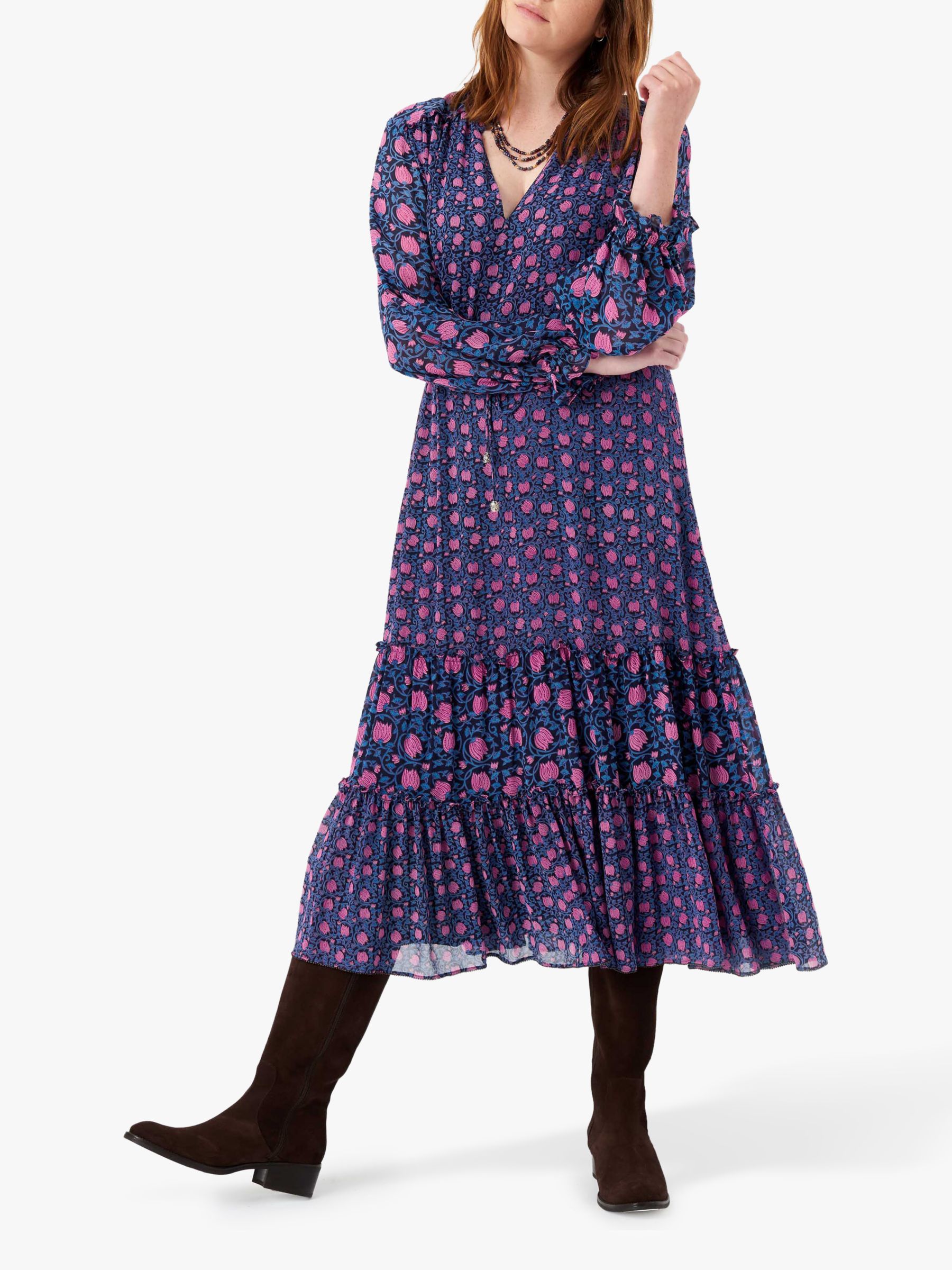 Brora Silk Block Print Dress, Lapis/Rose