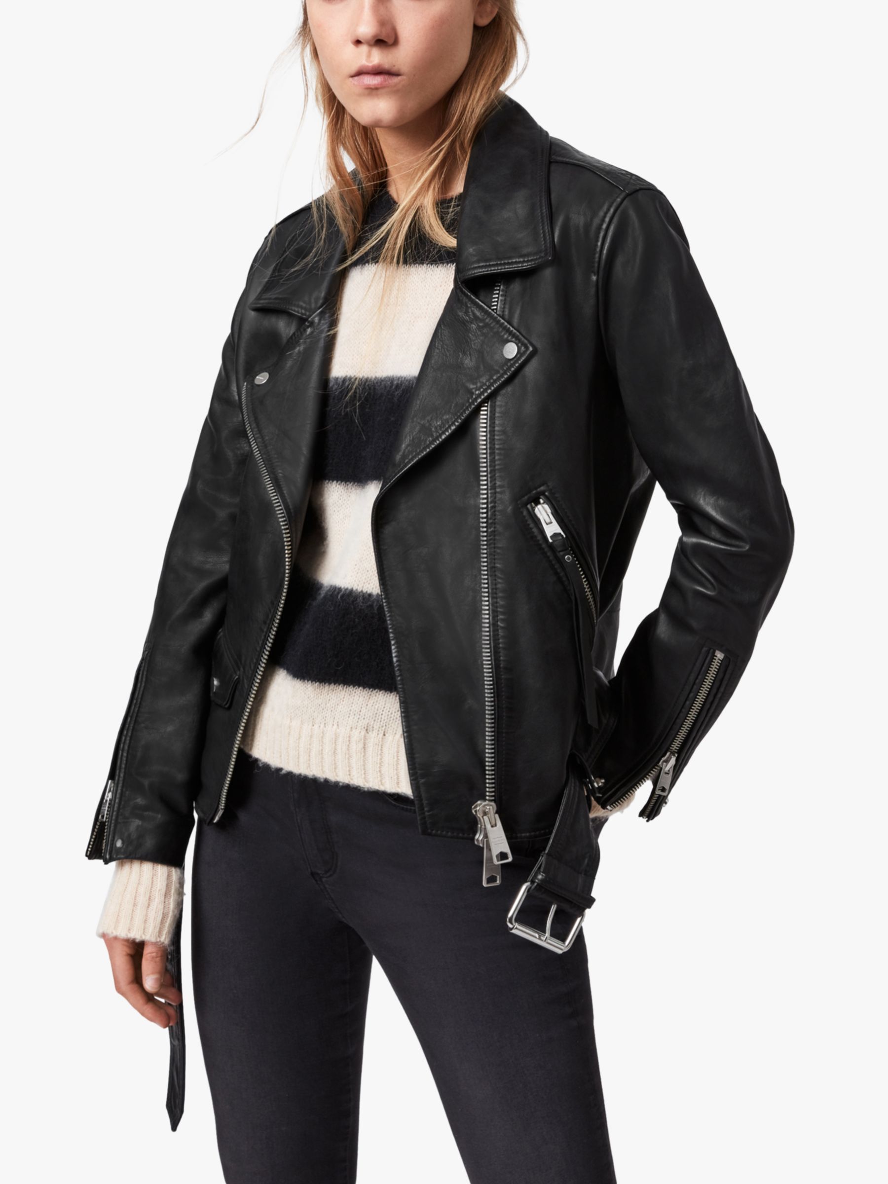 AllSaints Luna Leather Biker Jacket, Black at John Lewis & Partners