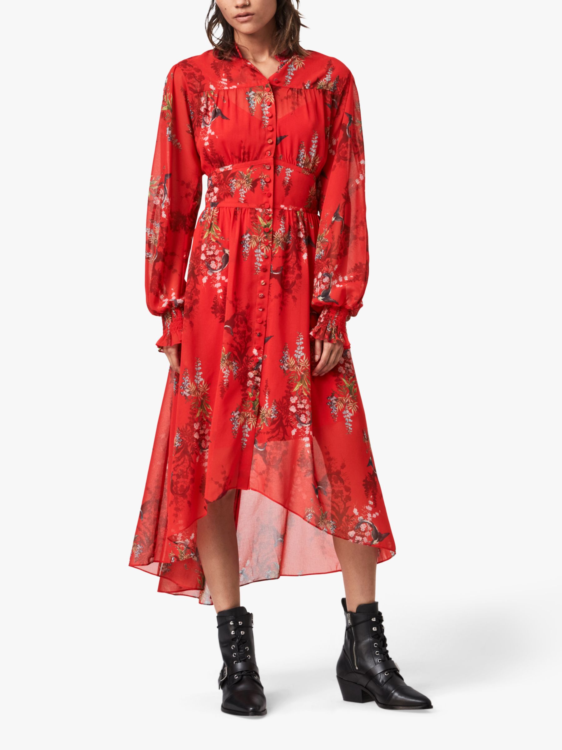 AllSaints Leonie Melisma Floral Midi Dress, Red at John Lewis & Partners