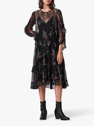 AllSaints Macey Melisma Floral Midi Dress, Black