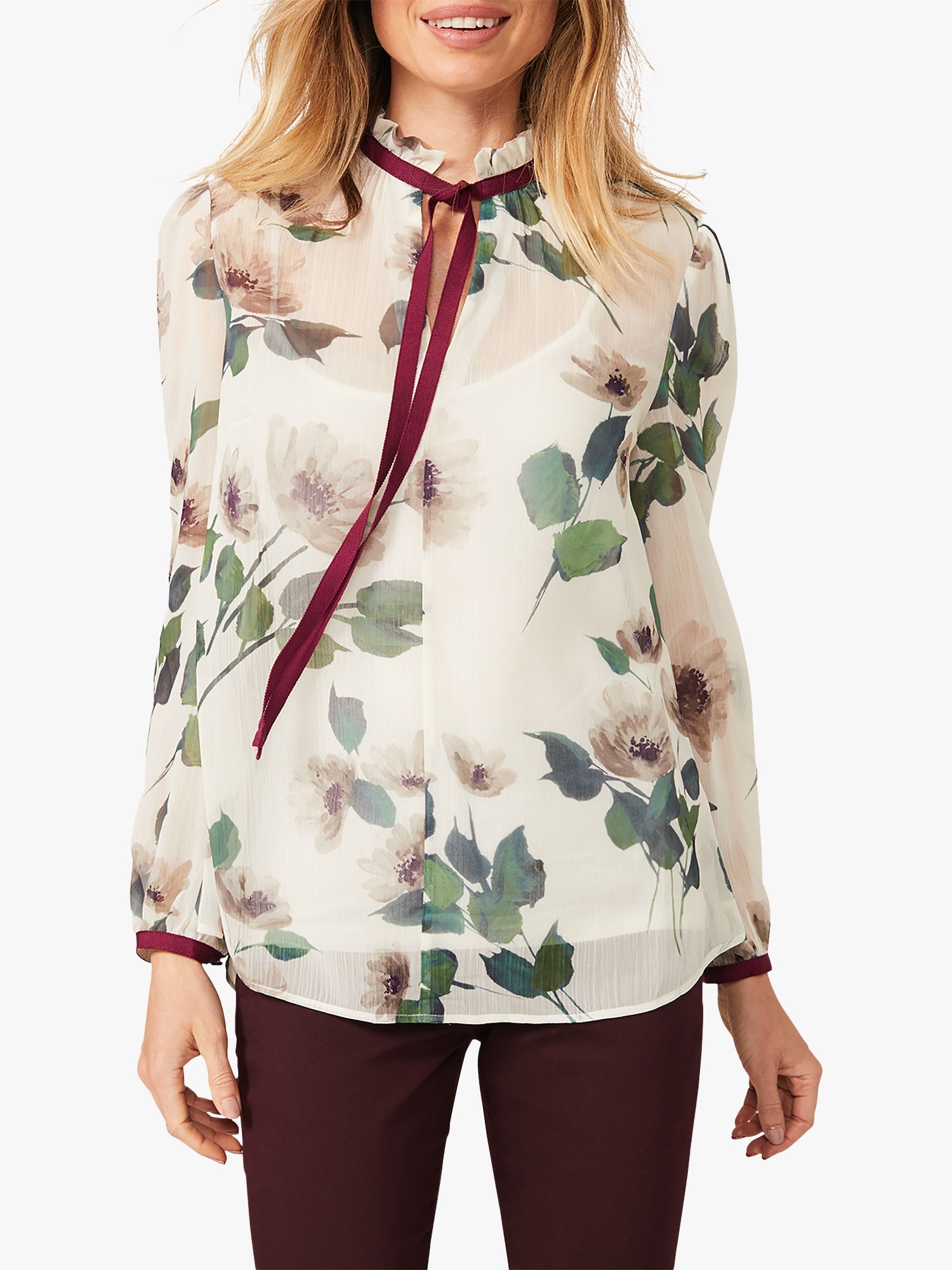 Phase Eight Posy Tie Neck Floral Blouse, Ivory/Plum
