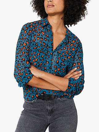 Mint Velvet Charlie Leopard Print Shirt, Teal/Orange
