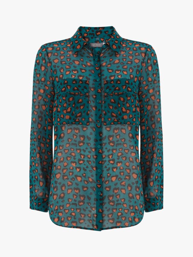 Mint Velvet Charlie Leopard Print Shirt, Teal/Orange, 6