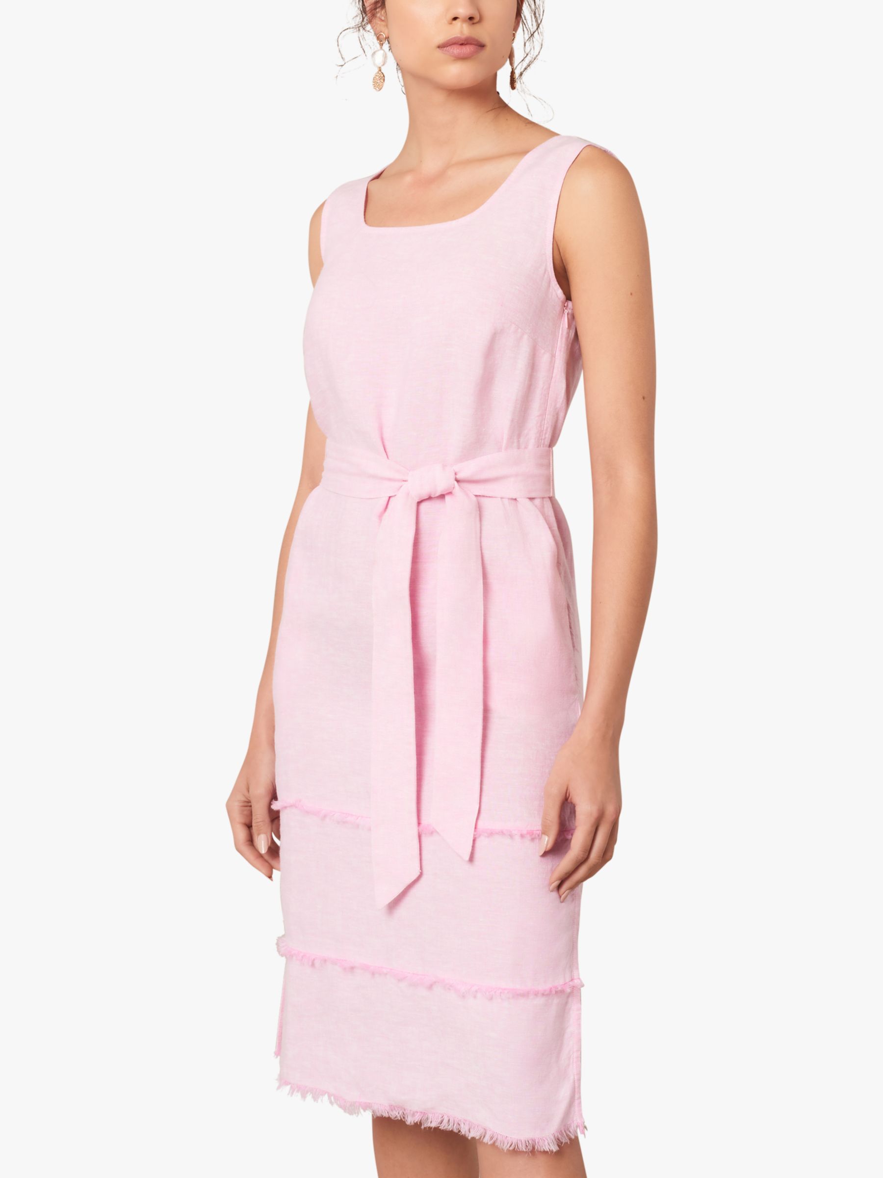 Jaegar Square Neck Fringe Tiered Knee Length Linen Dress, Pale Pink