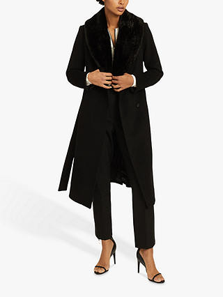 Reiss Pacey Wool Blend Faux Fur Collar Overcoat, Black
