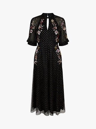 Monsoon Gwenevere Embroidered Floral Midi Dress, Black