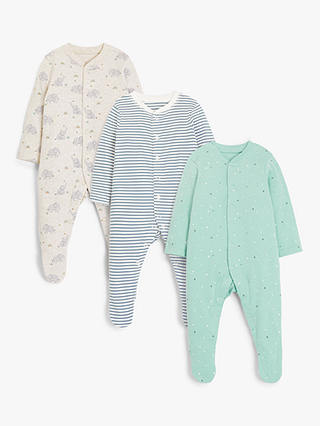 ANYDAY John Lewis & Partners Baby Organic Cotton Elephant Sleepsuit, Pack of 3, Multi