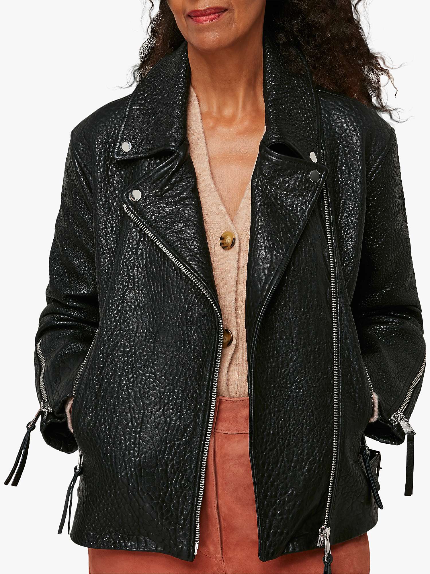 Buy Whistles Lily Easy Textured Leather Biker Jacket, Black Online at johnlewis.com