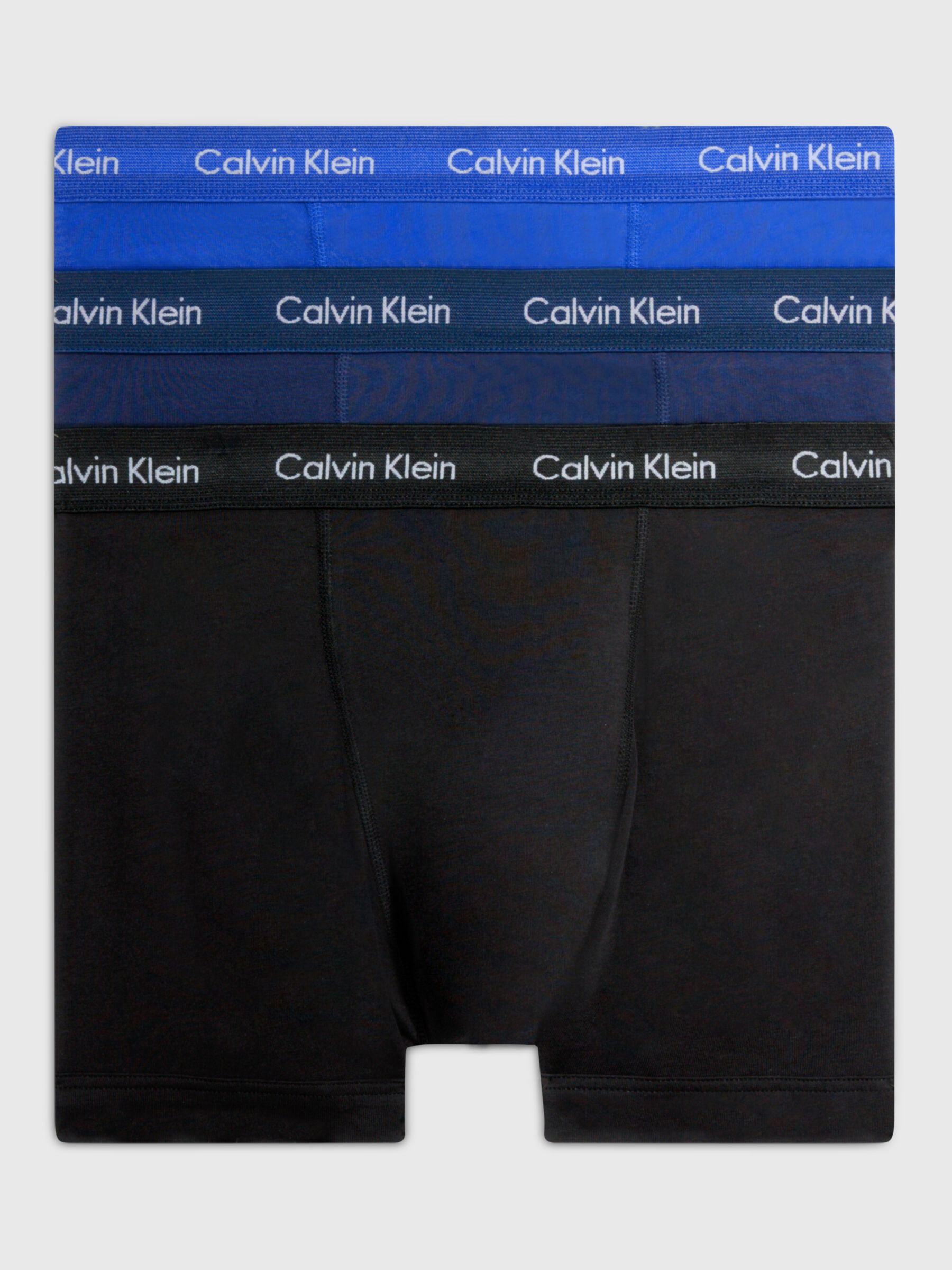 Calvin Klein Regular Cotton Stretch Trunks, Pack of 3, Black/Blue  Shadow/Cobalt at John Lewis & Partners