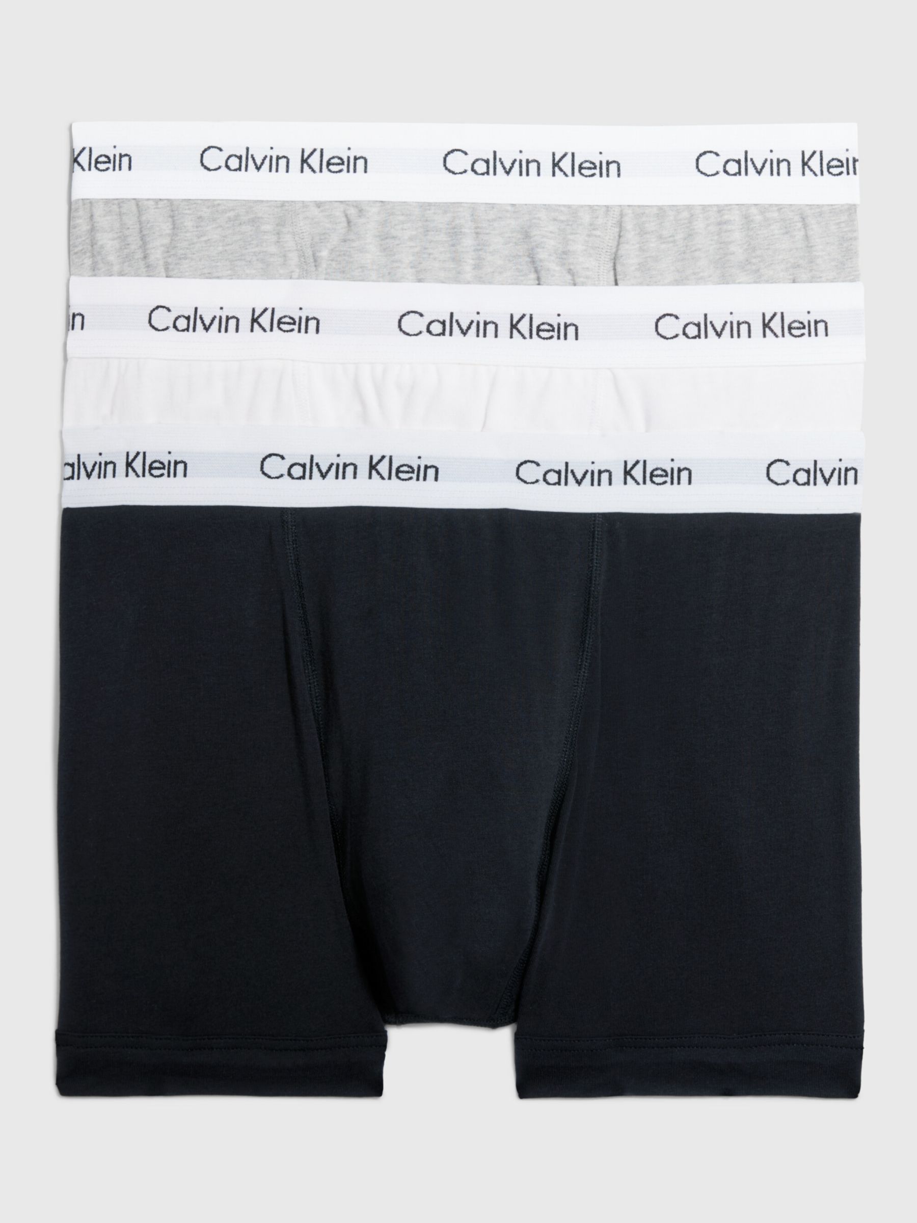 Calvin Klein Regular Cotton Stretch Trunks, Pack of 3, Black/White/Grey  Heather at John Lewis & Partners
