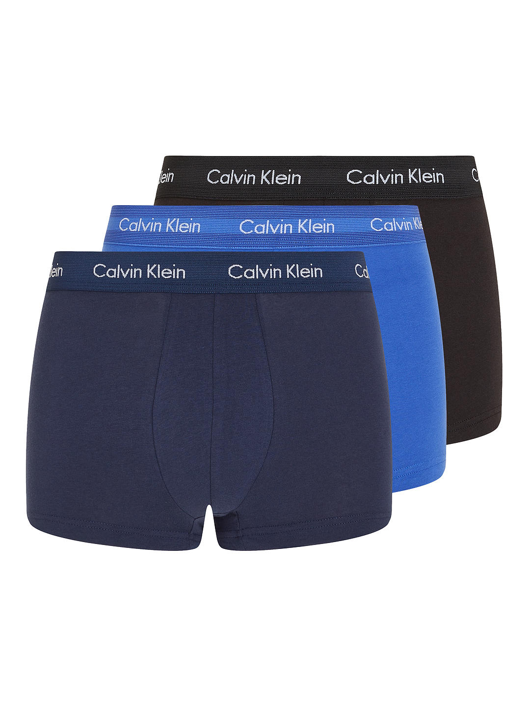 Calvin Klein Low Rise Cotton Stretch Trunks, Pack of 3, Black/Blue Shadow/Cobalt Water