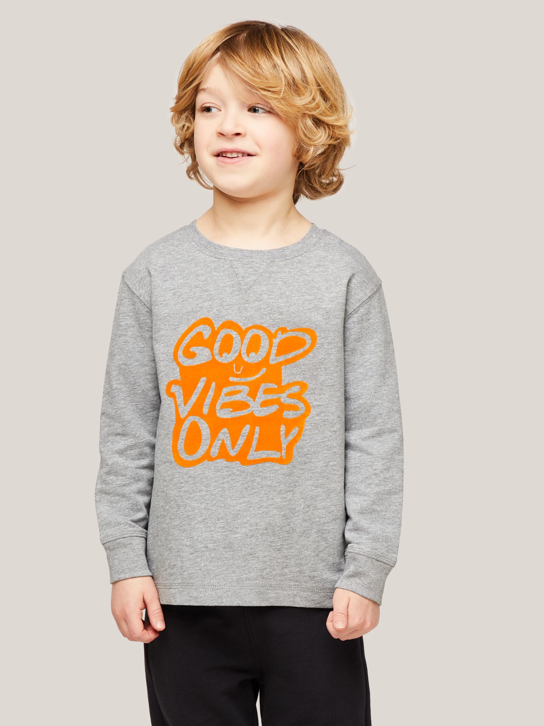 John Lewis & Partners Kids' Good Vibes Slogan Long Sleeve T-Shirt, Grey