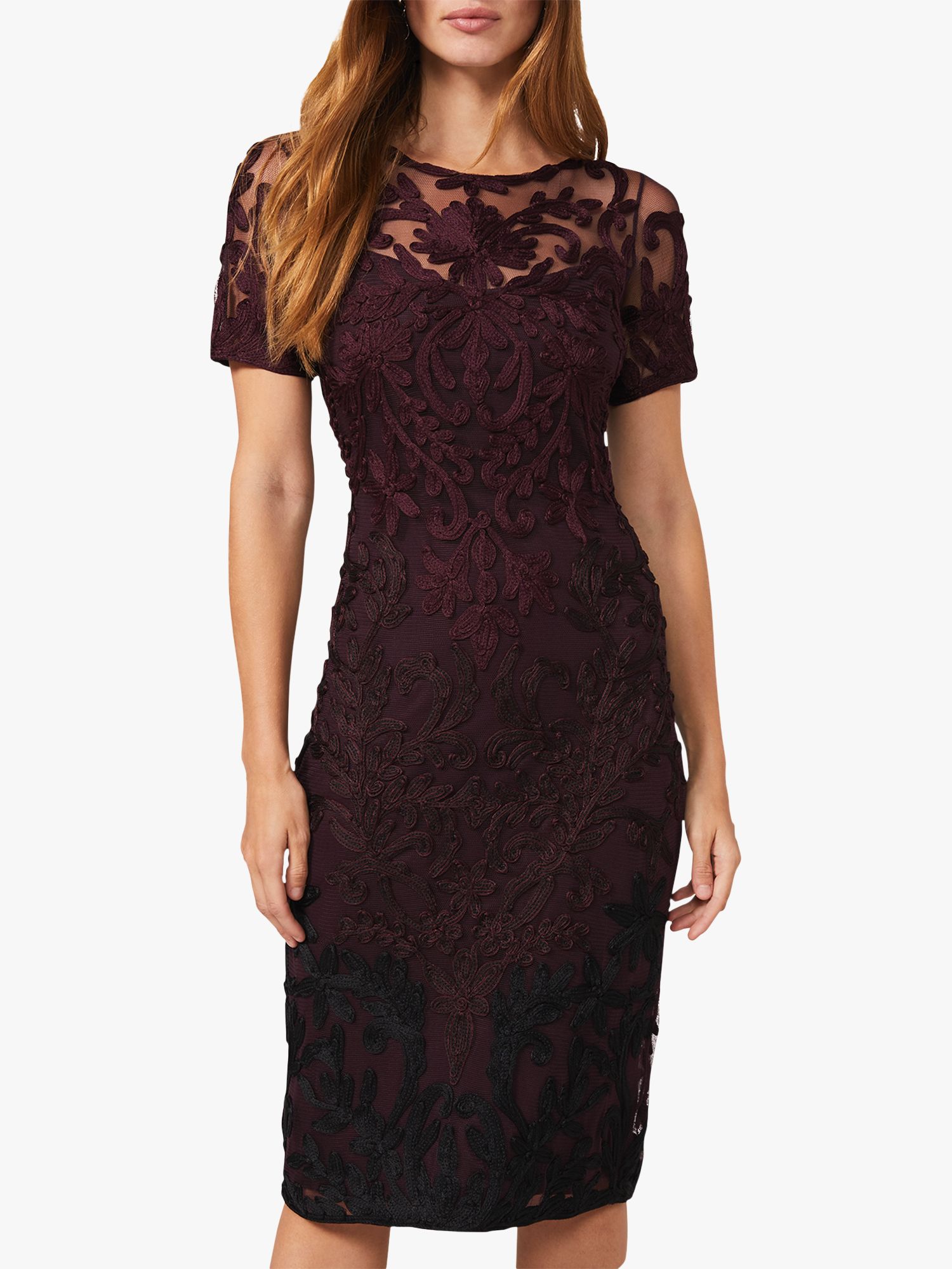 Phase Eight Kadie Tapework Lace Knee Length Dress, Wine, 10