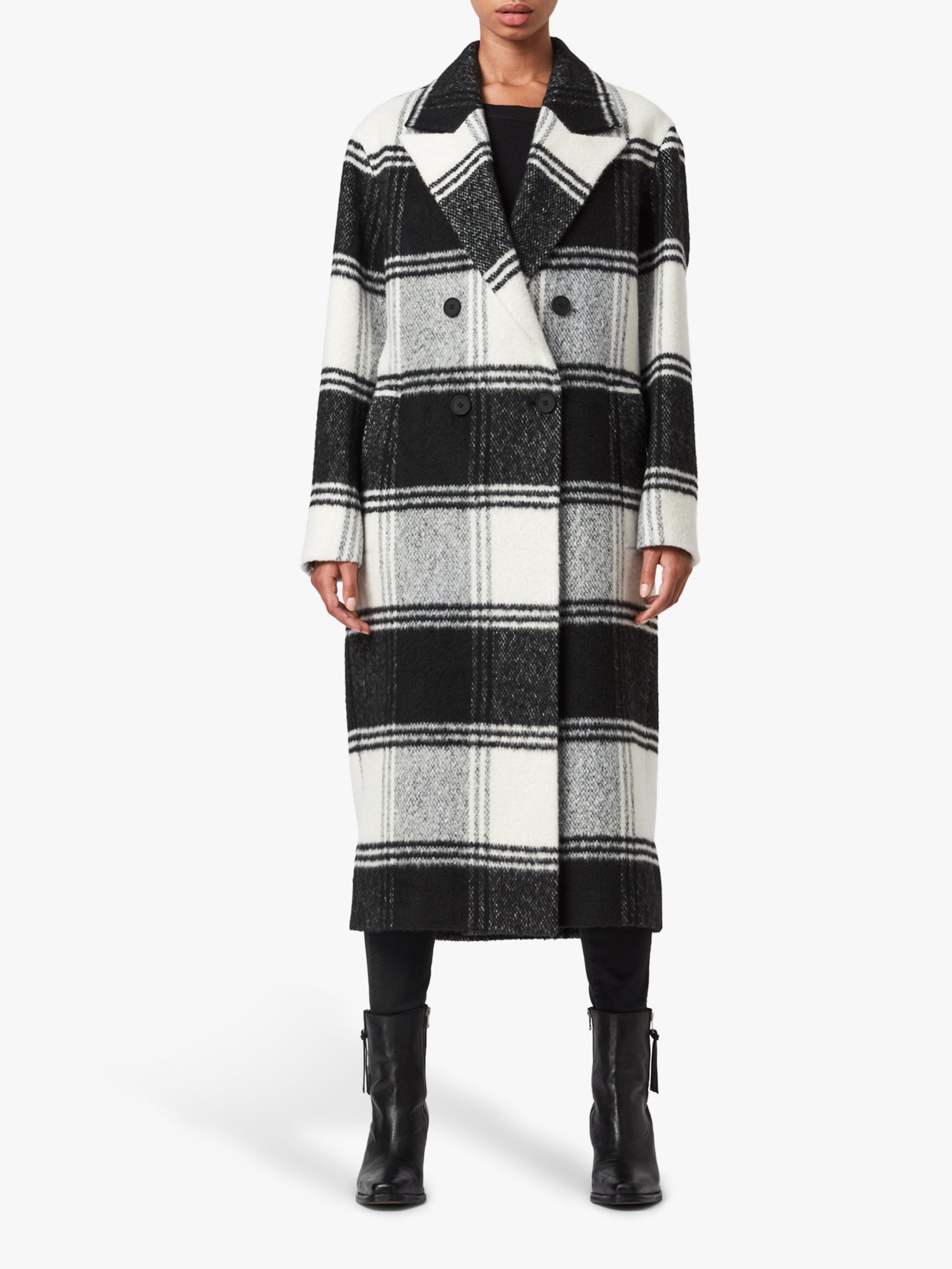 AllSaints Lottie Check Longline Coat, Black/White at John Lewis & Partners