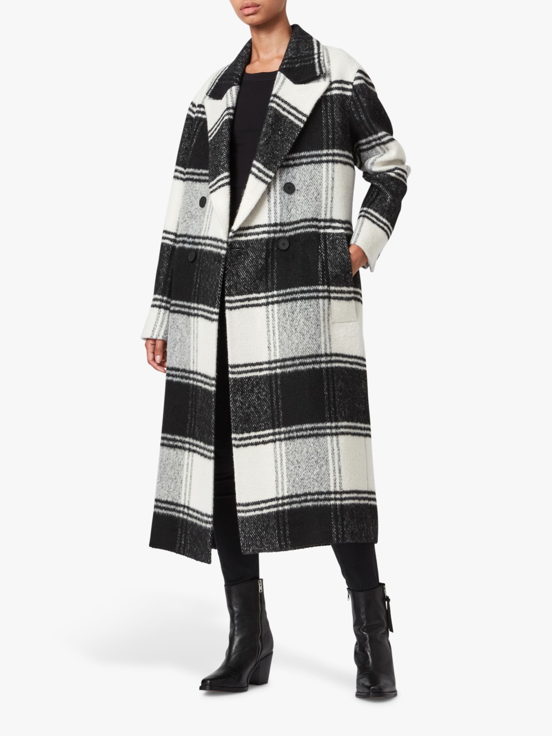 AllSaints Lottie Check Longline Coat, Black/White, 6