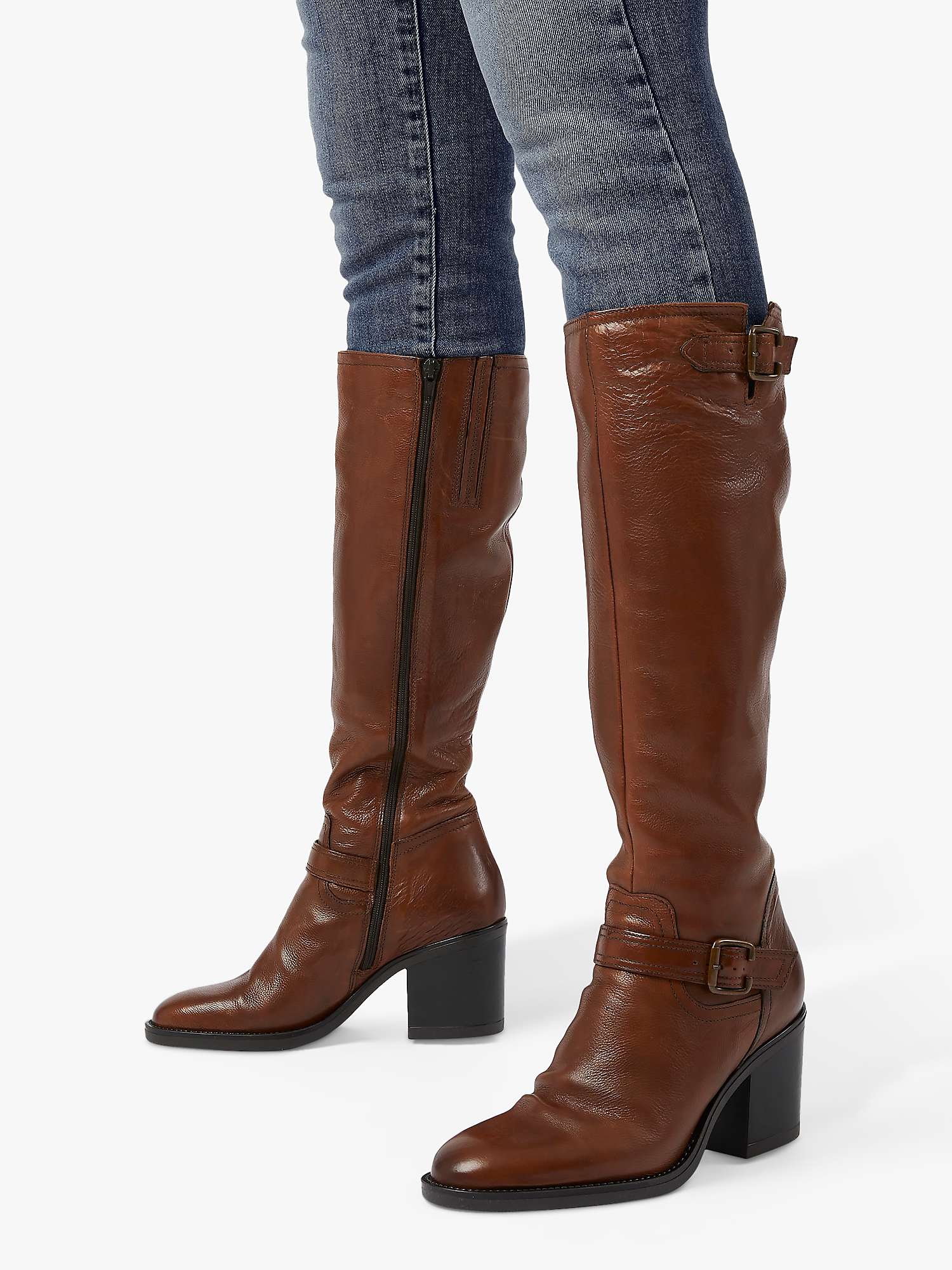 Buy Dune Trelis Leather Double Buckle Block Heel Knee High Boots Online at johnlewis.com
