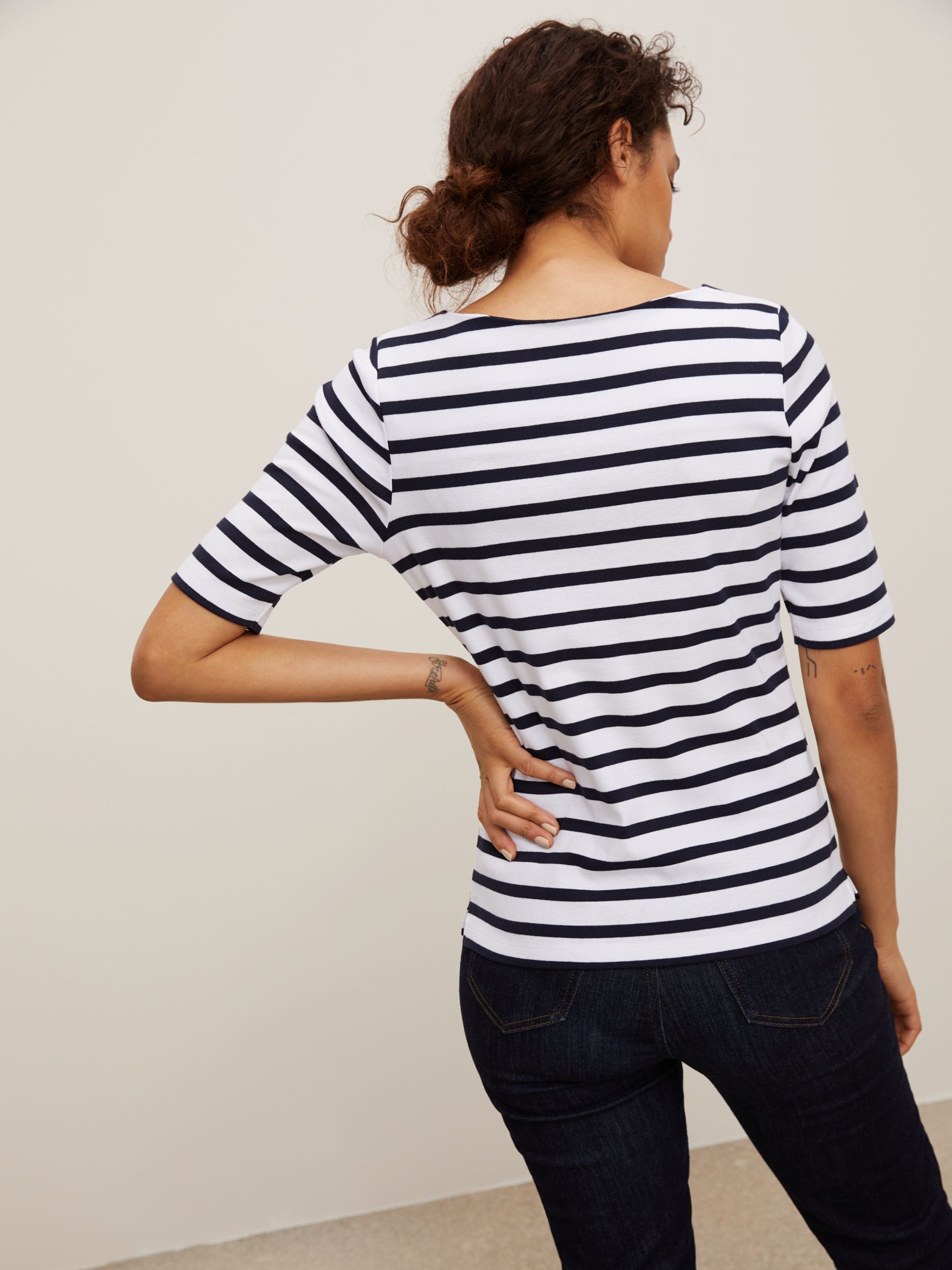 John Lewis & Partners Half Sleeve Boat Neck Stripe T-Shirt, White/Navy ...