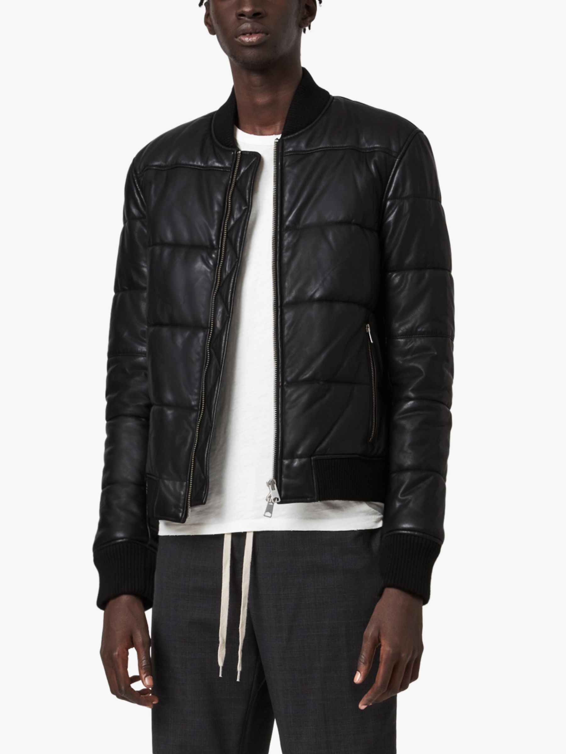 AllSaints Bowen Leather Puffer Jacket, Black at John Lewis & Partners