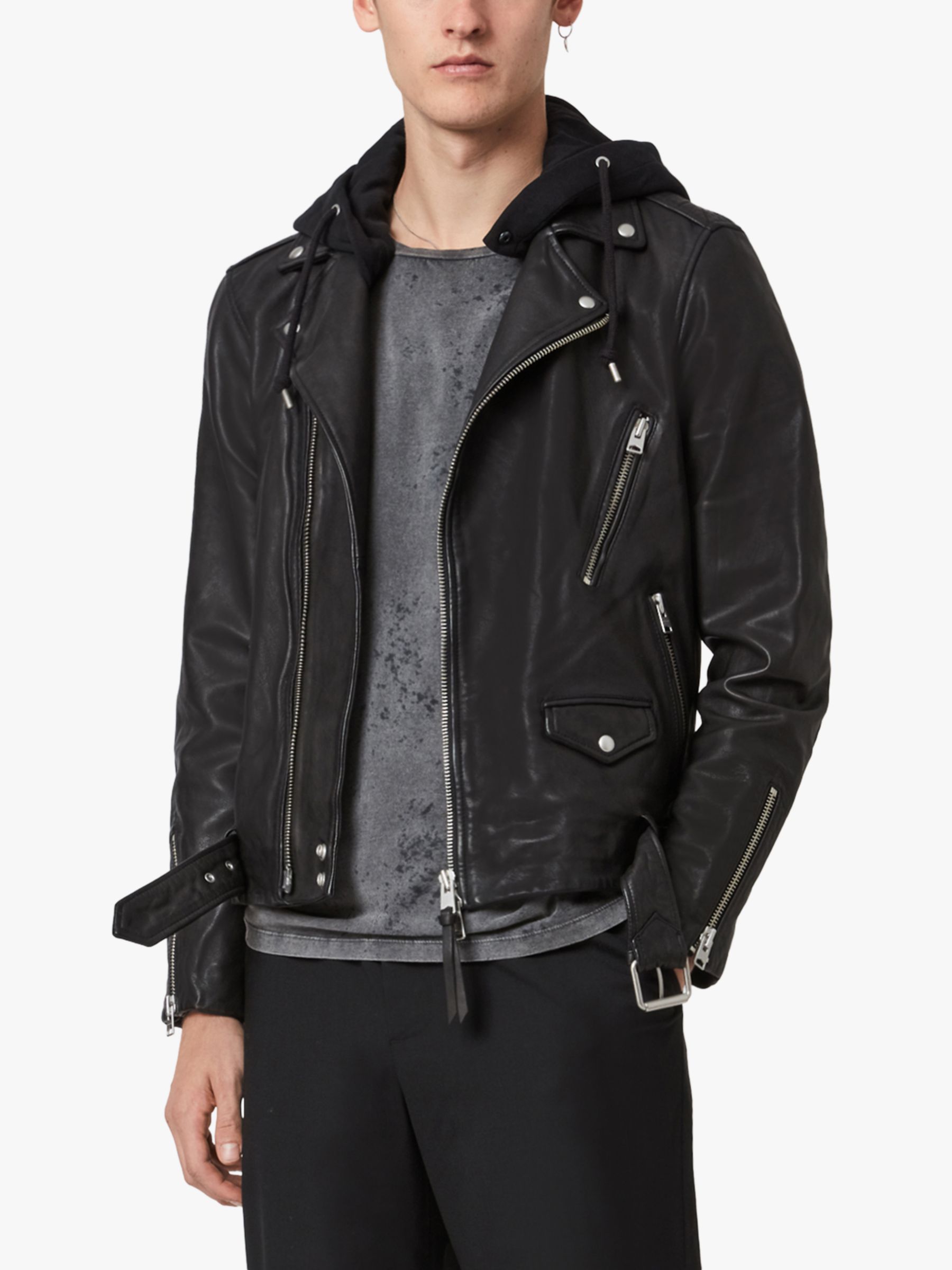 AllSaints Renzo Leather Hooded Biker Jacket, Jet Black