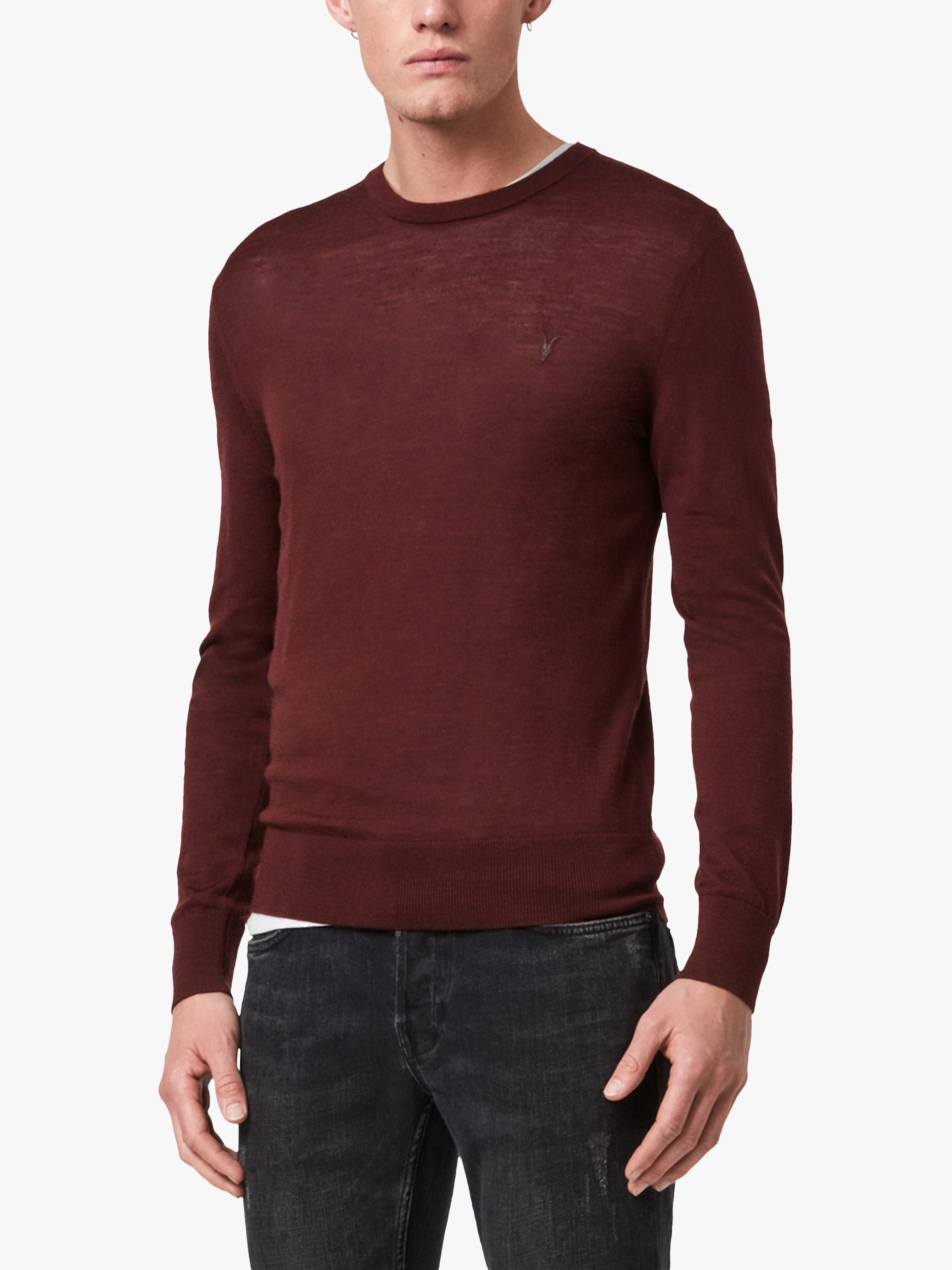 AllSaints Mode Merino Crew Neck Jumper, Burgundy Red at John Lewis ...