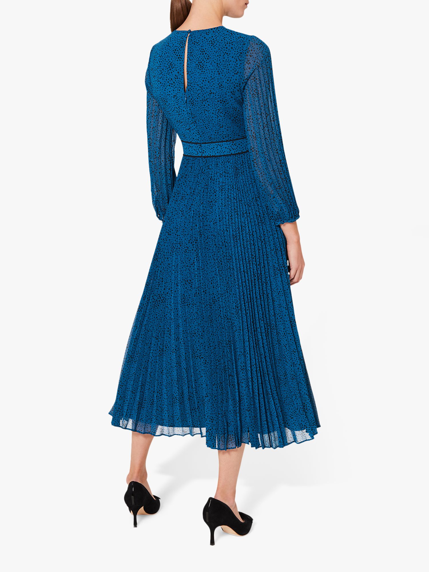 Hobbs Petite Isabella Spot Pleated Midi Dress, Kingfisher