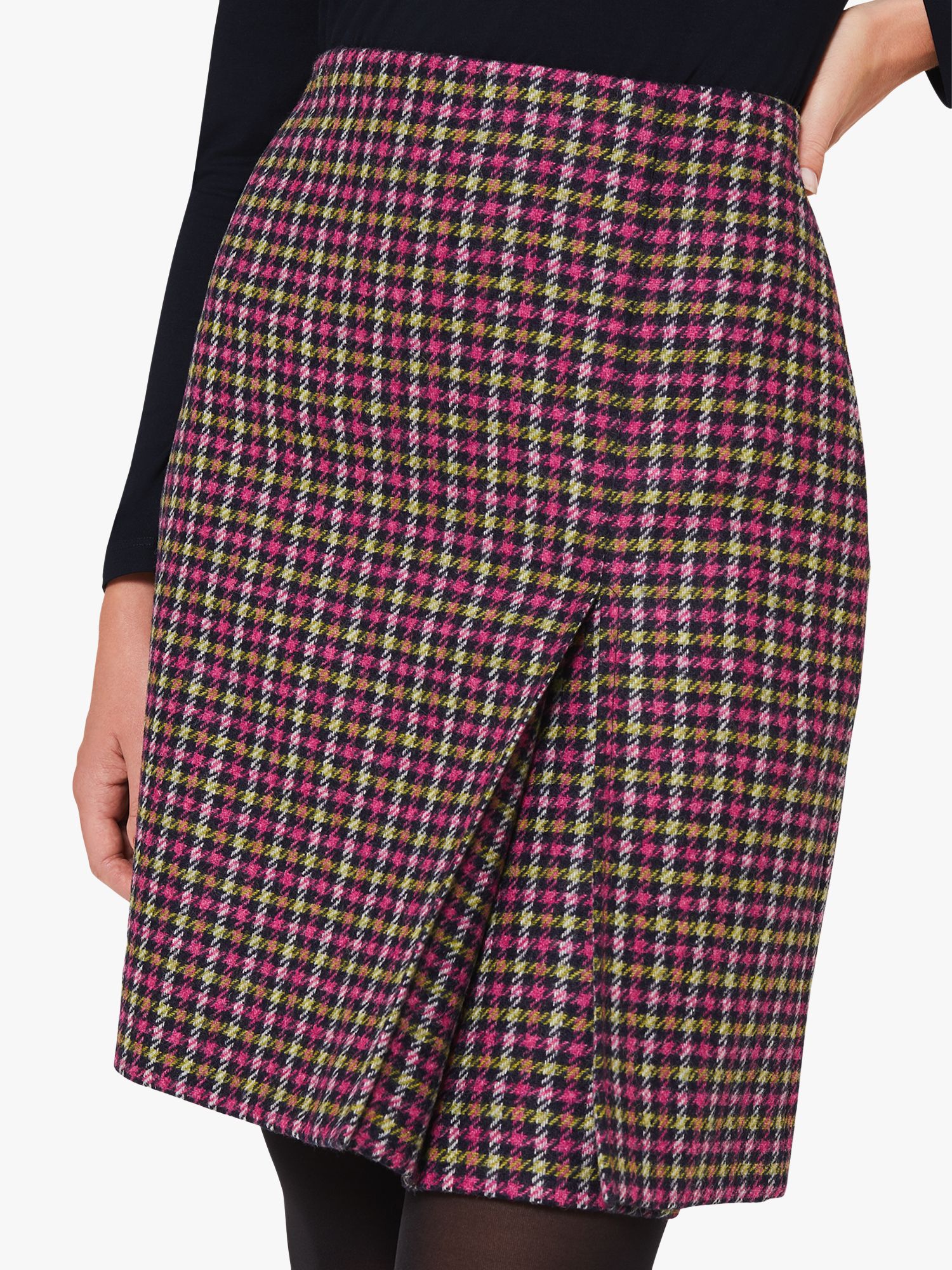 Hobbs Avery Pleat A-Line Checked Wool Skirt, Pink/Lime Green
