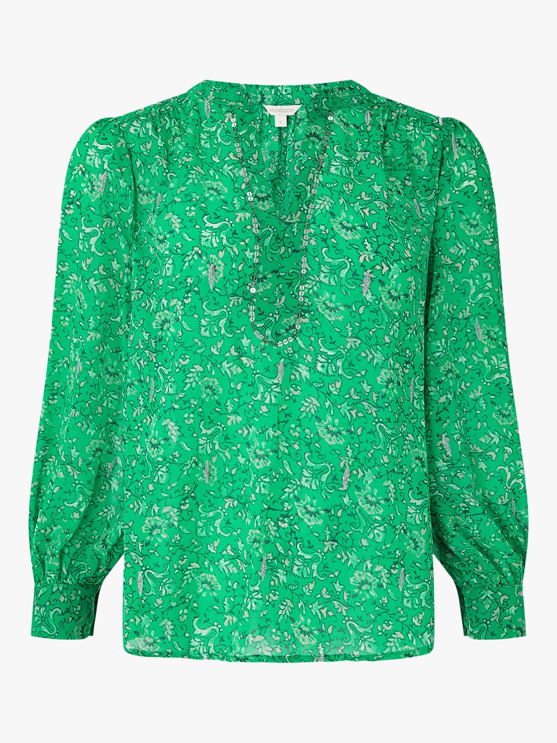 Monsoon Sequin Detail Floral Blouse, Green at John Lewis & Partners