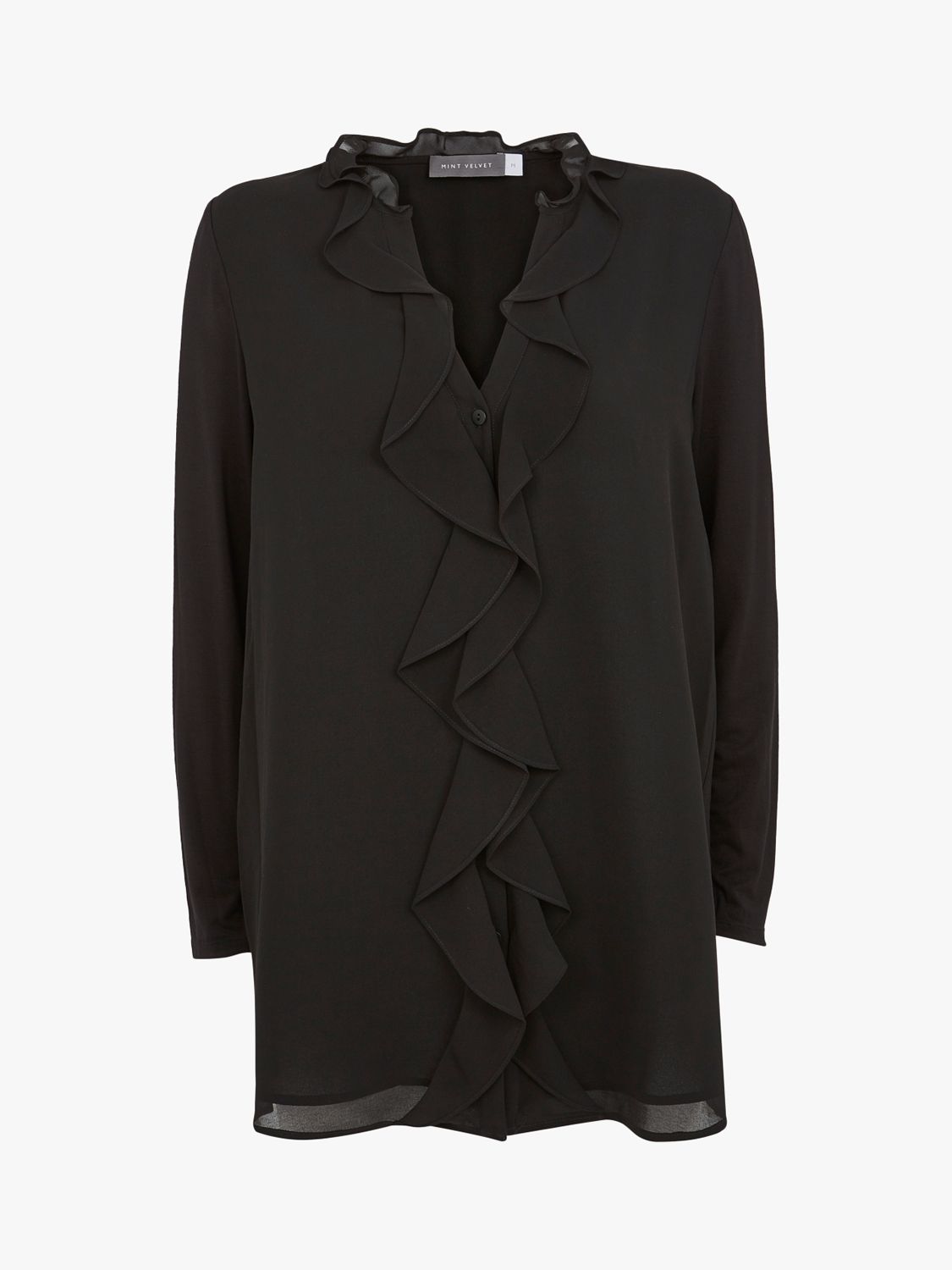 Mint Velvet Longline Ruffle Blouse, Black at John Lewis & Partners