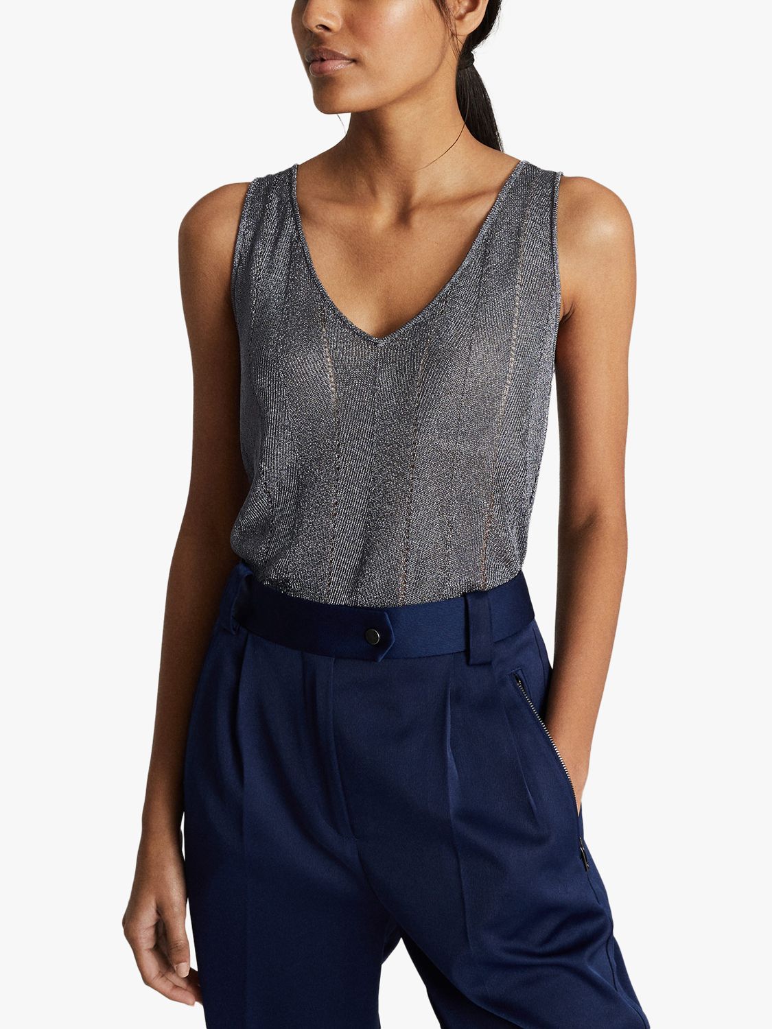 Reiss Alice Metallic Knitted Top, Blue at John Lewis & Partners