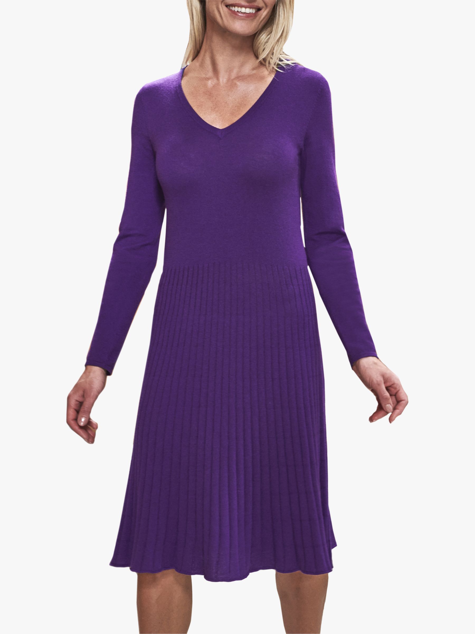 Pure Collection Pleat Detail V Neck Knitted Midi Dress, Royal Purple ...