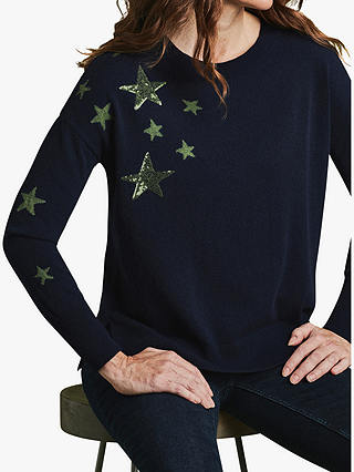 Pure Collection Sequin Star Relaxed Sweater, Navy/Khaki