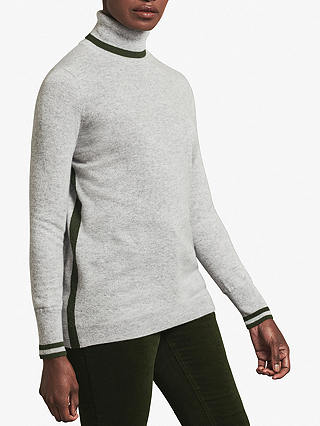 Pure Collection Cashmere Tipped Boyfriend Polo Jumper, Grey/Khaki