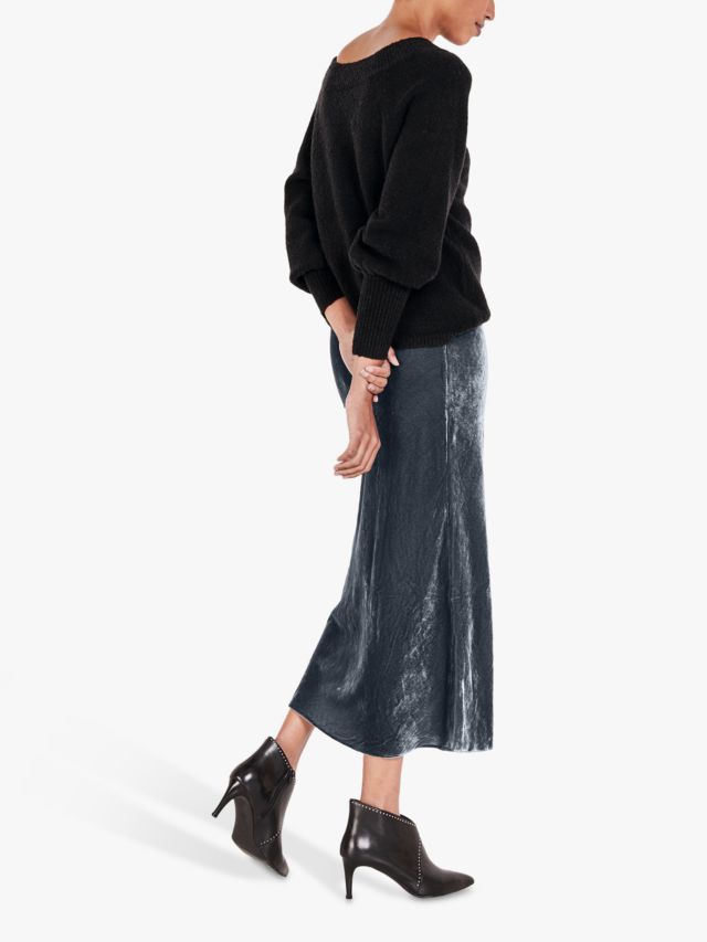 HUSH Bias Cut Textured Midi Skirt, Grey, 6
