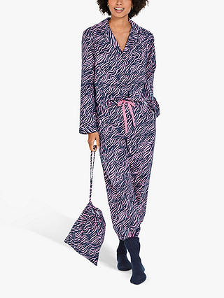 HUSH Liv Zebra Mark Cotton Flannel Pyjama Set, Pink/Navy