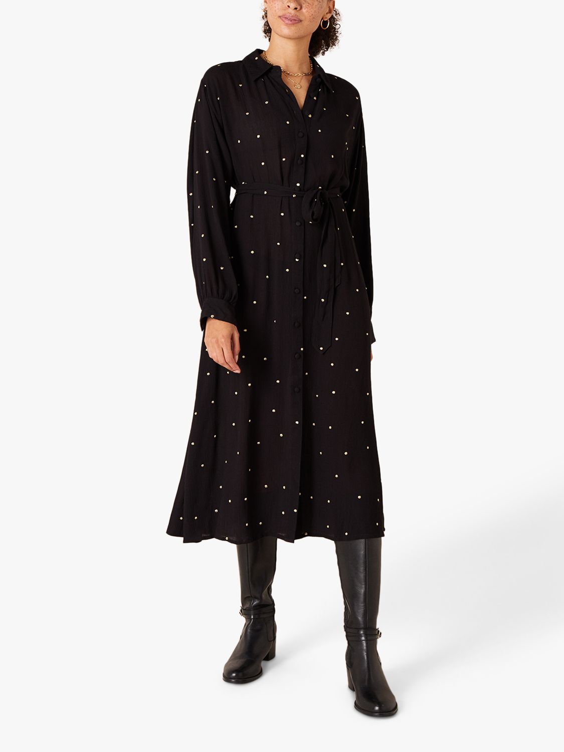 Monsoon Embroidered Spot Midi Shirt Dress, Black at John Lewis & Partners