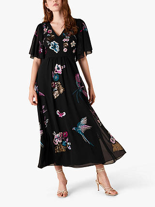 Monsoon Perrie Floral Embroidered Midi Dress, Black