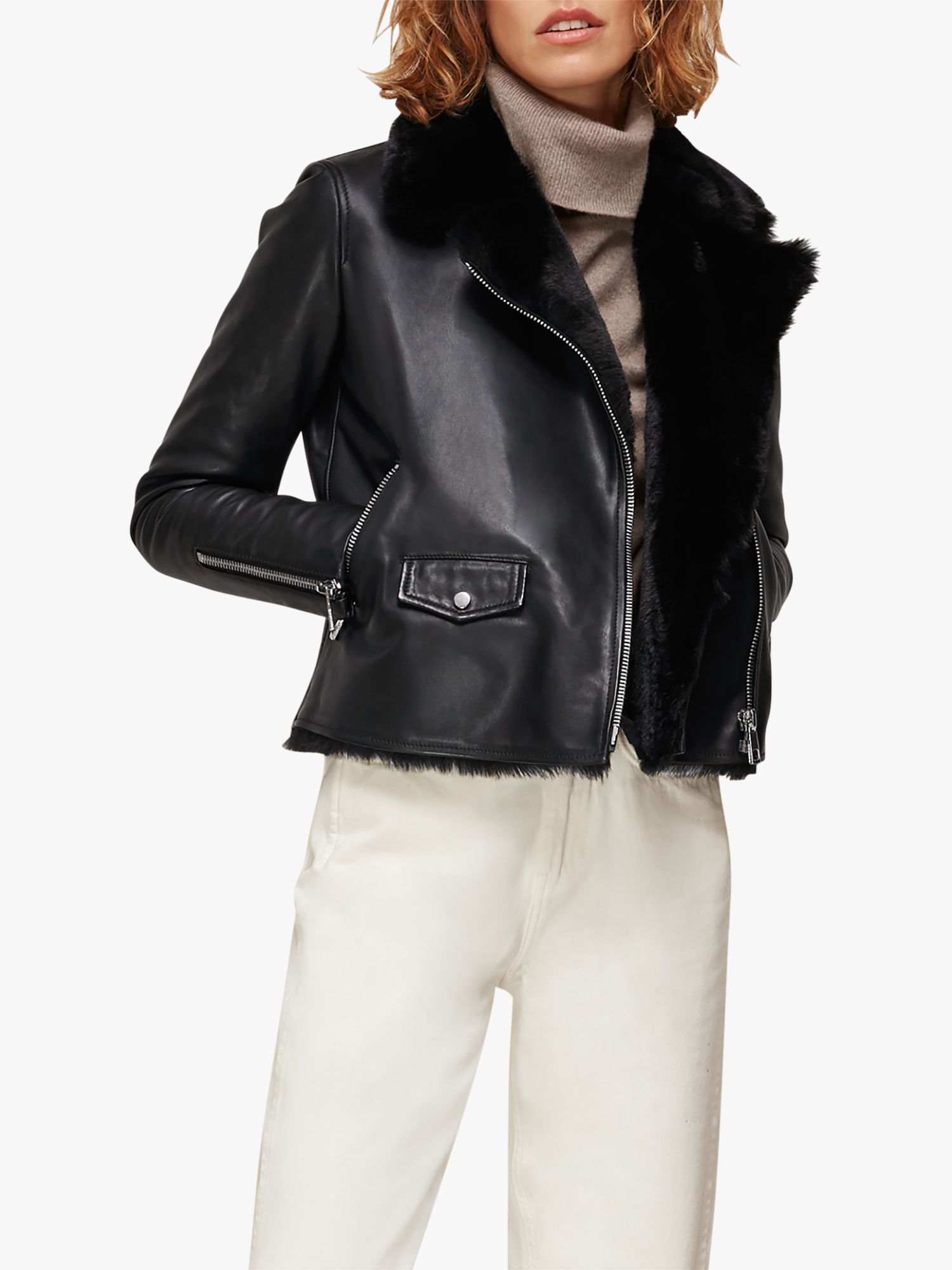 Faux Fur Trim Midi Leather Jacket