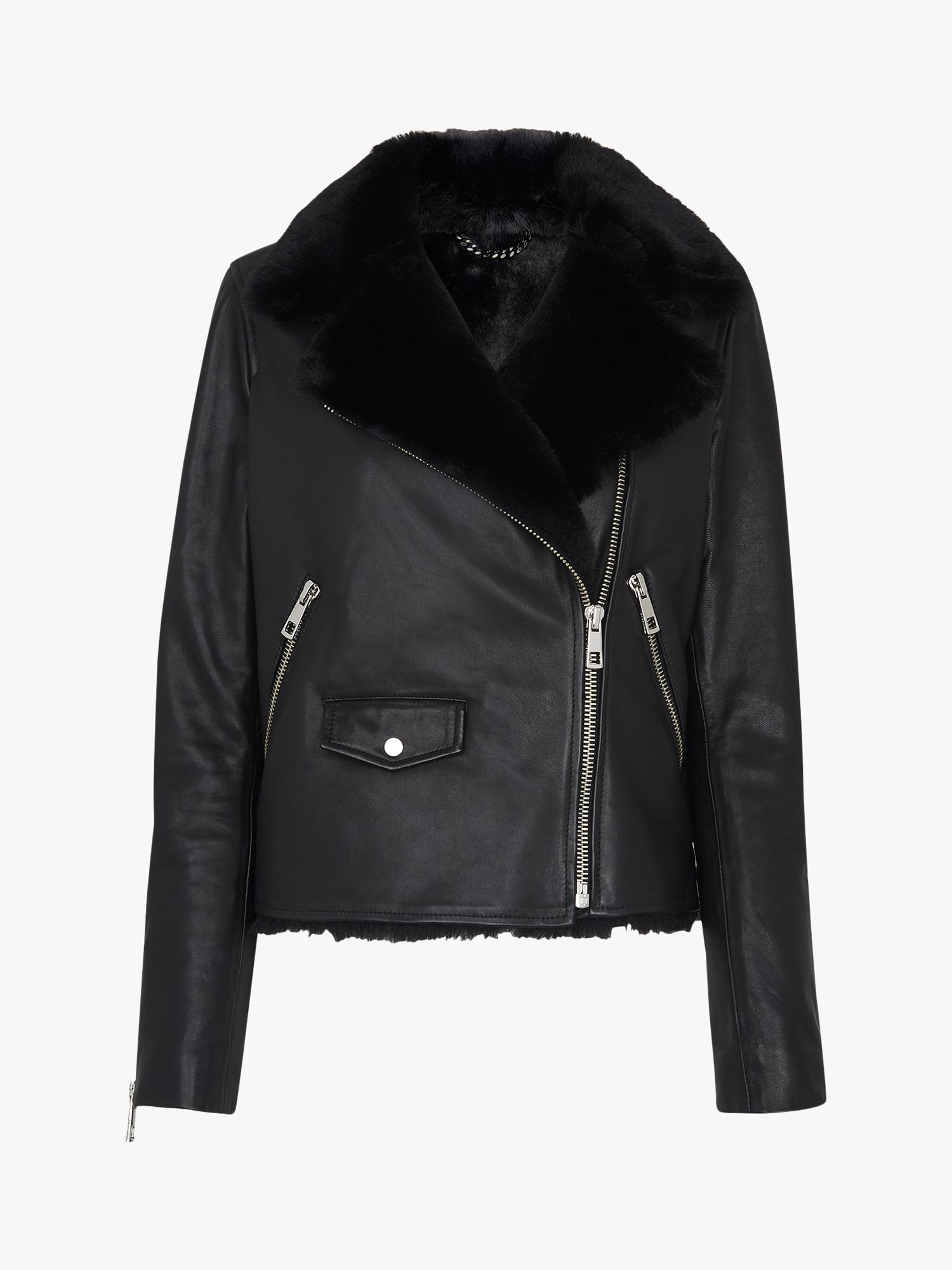 Whistles Agnes Faux Fur Trim Leather Jacket, Black at John Lewis & Partners