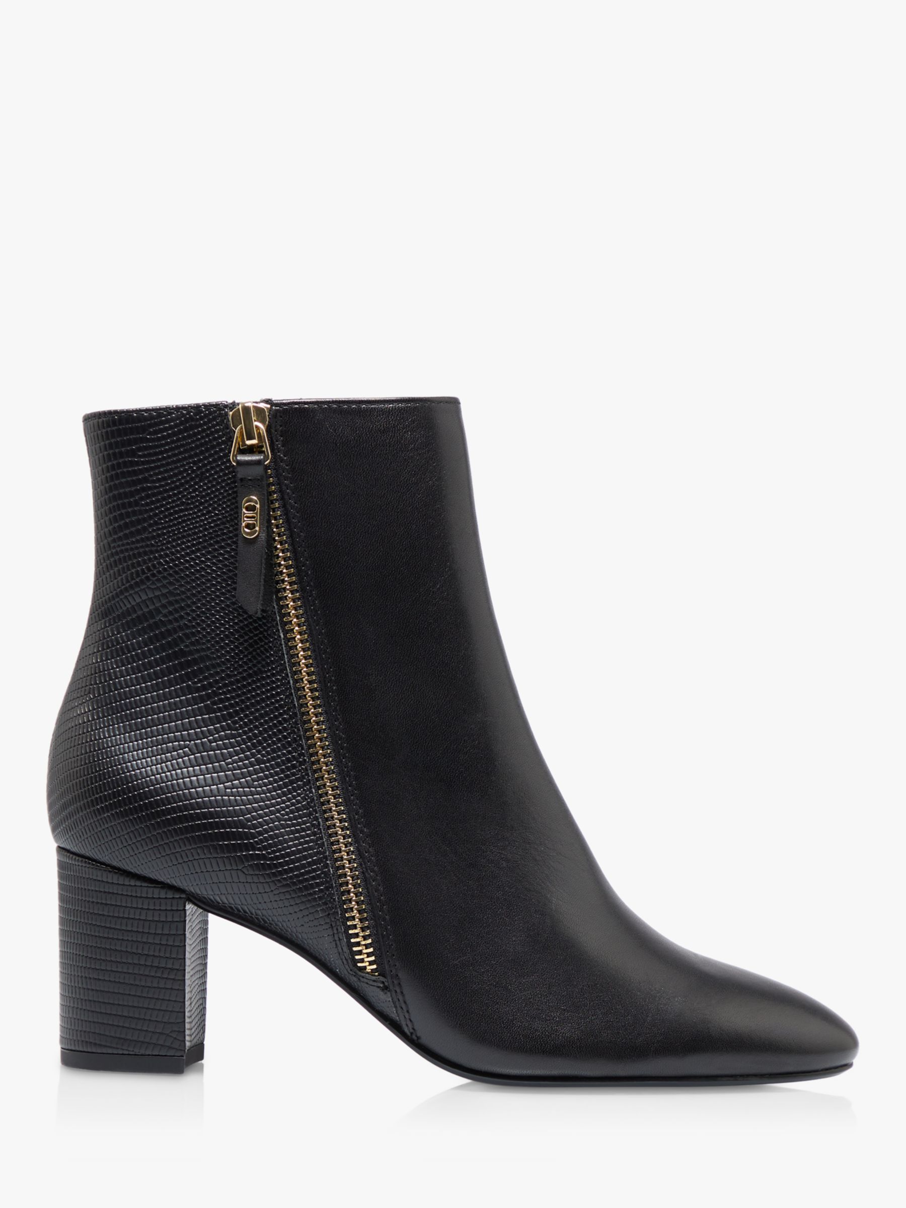 Dune Oricle Leather Side Zip Block Heel Ankle Boots, Black at John ...