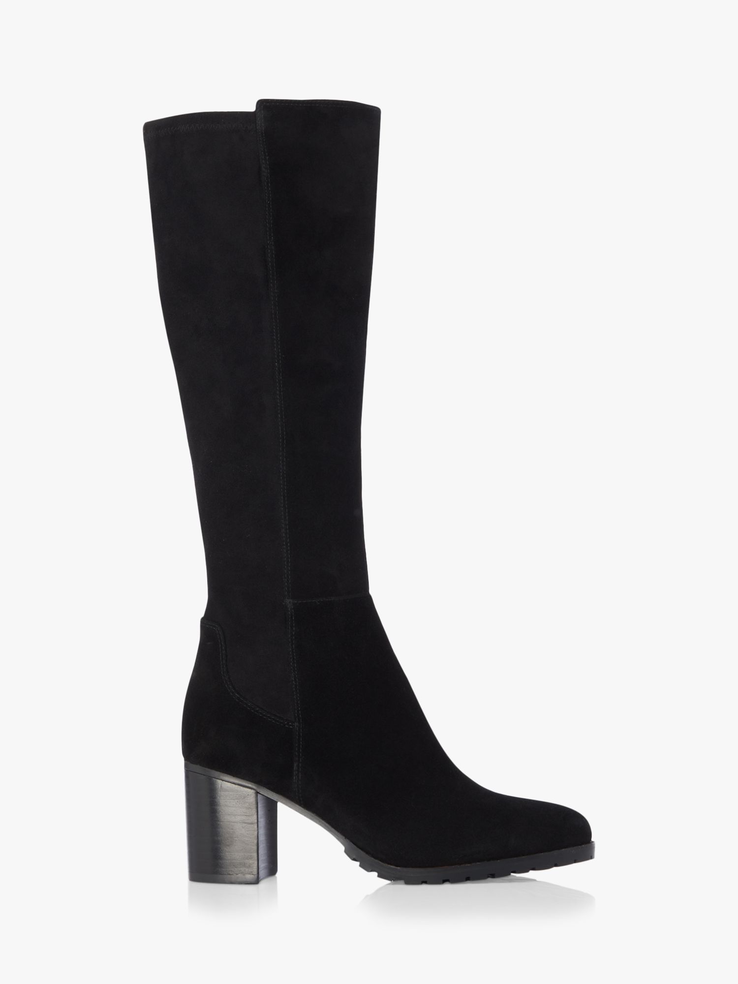 Dune Titain Suede Stretch Cleated Knee High Block Heel Boots, Black at ...