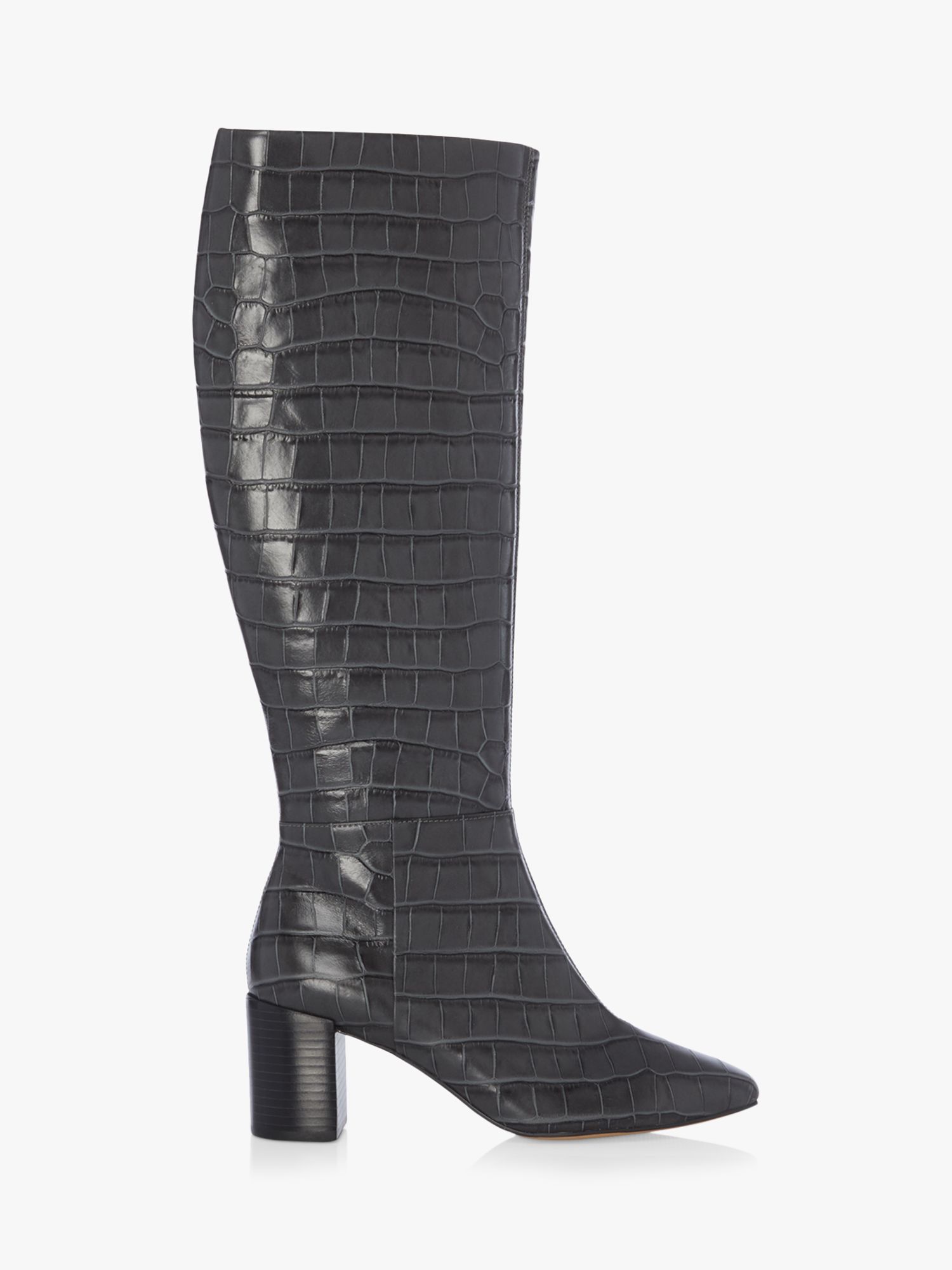Dune Saffia Leather Croc Print Knee High Boots, Grey