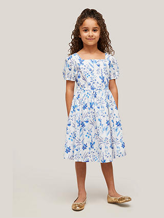 John Lewis & Partners Heirloom Collection Kids' Floral Print Puff Sleeve Dress, White/Blue