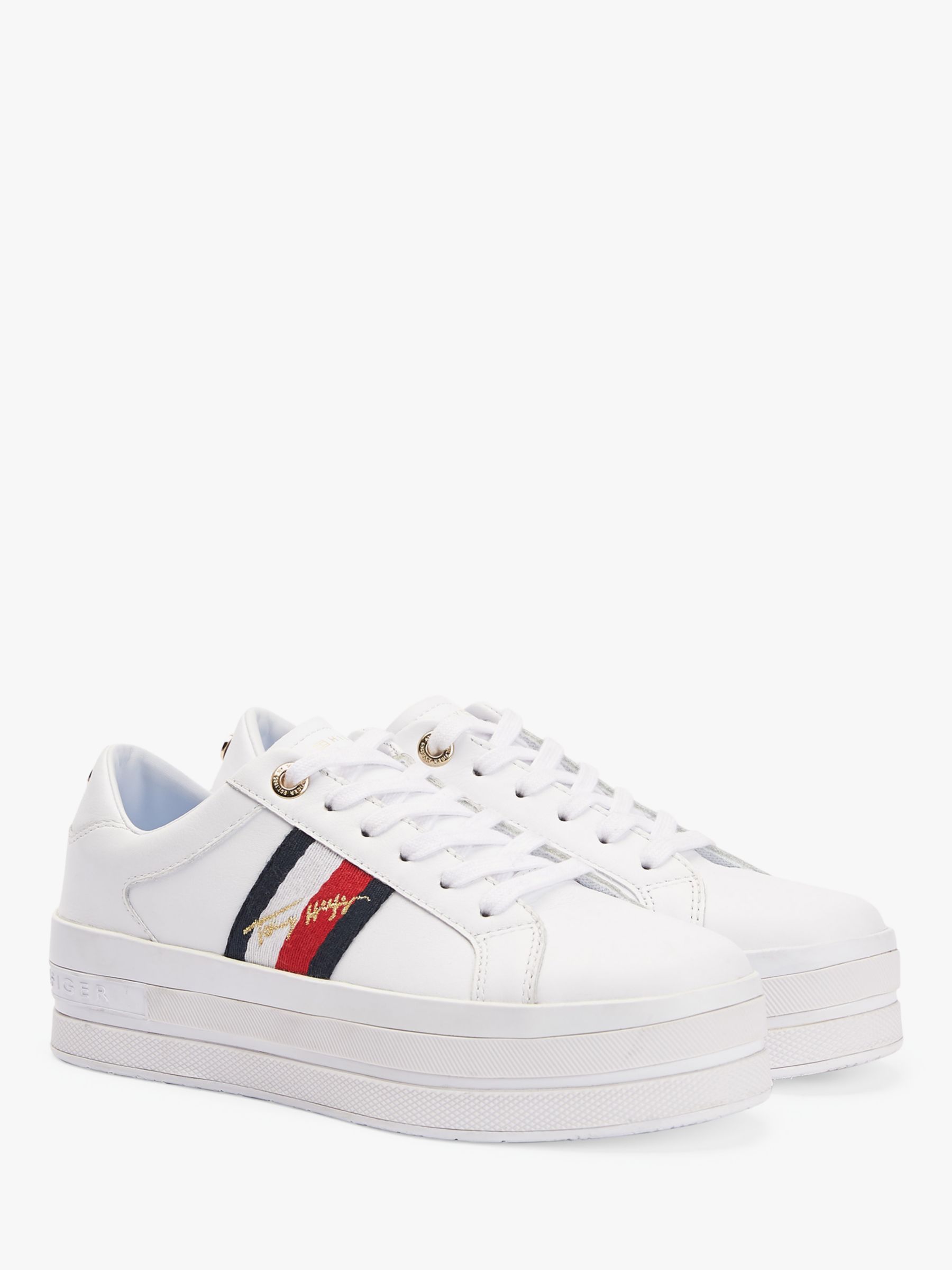 Tommy Hilfiger Signature Flatform Leather Trainers, White at John Lewis ...