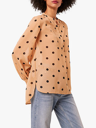 French Connection Polka Dot Collarless Blouse, Nude