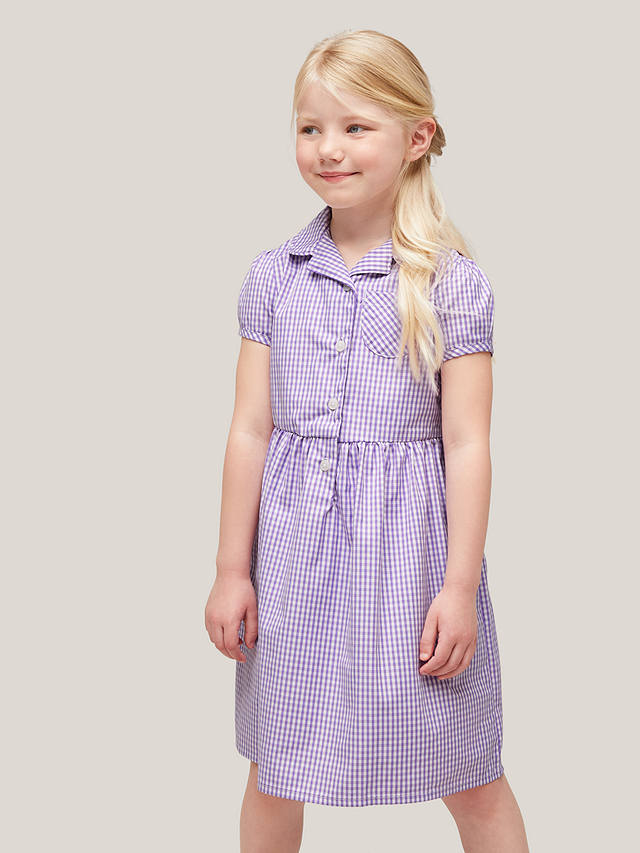 John Lewis School Belted Gingham Checked Summer Dress, Lilac