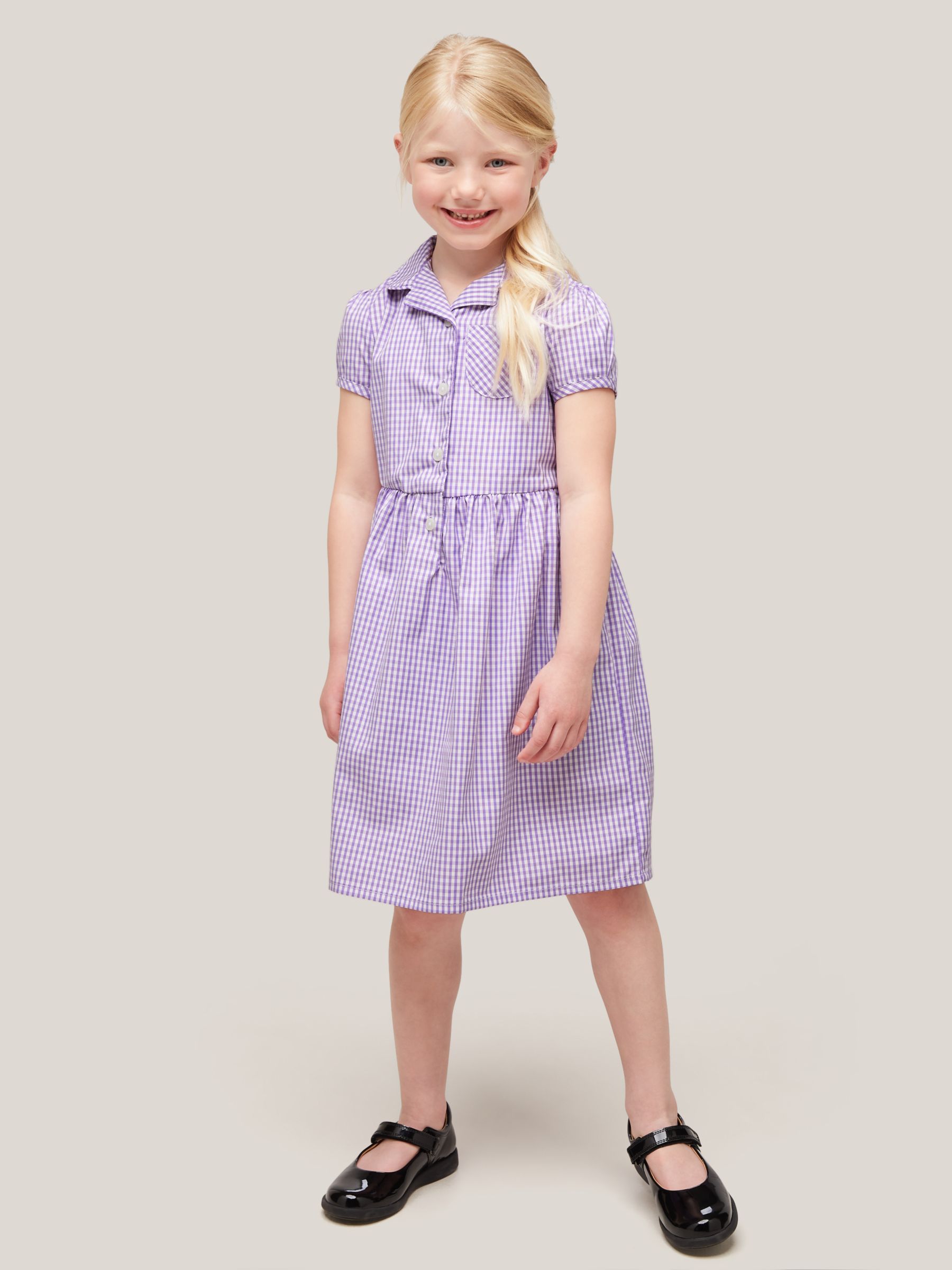 John Lewis School Belted Gingham Checked Summer Dress, Lilac, 7 years